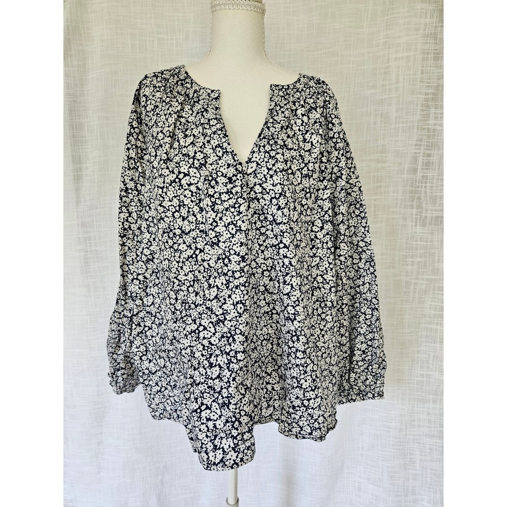 Floral Blouse Womens XXL Navy Blue Split Neck Cotton Boho Cottagecore Coastal